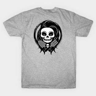 Female Gardener Skull and Garden Tools Black Logo T-Shirt